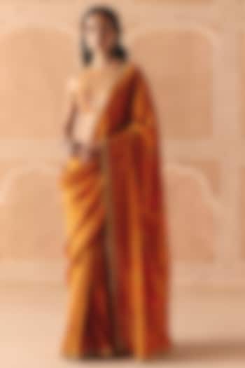 Burnt Orange Dupion Silk Printed Wedding Saree Set by Drishti & Zahabia at Pernia's Pop Up Shop