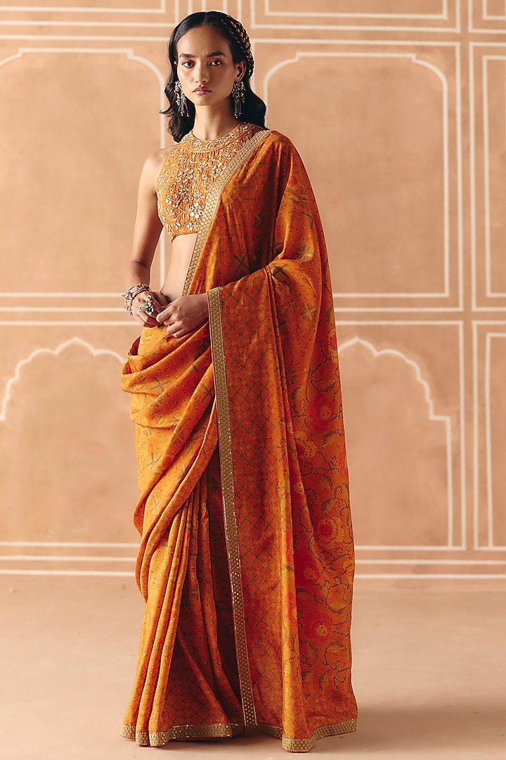 Burnt Orange Dupion Silk Printed Wedding Saree Set by Drishti & Zahabia at Pernia's Pop Up Shop