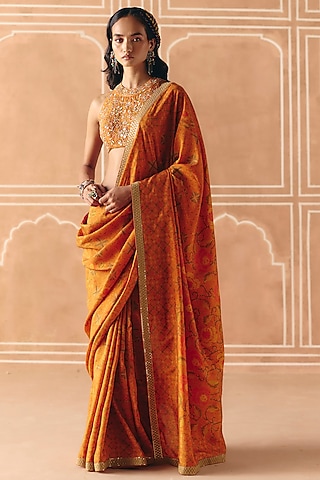 Burnt Orange Dupion Silk Printed Saree Set by Drishti & Zahabia