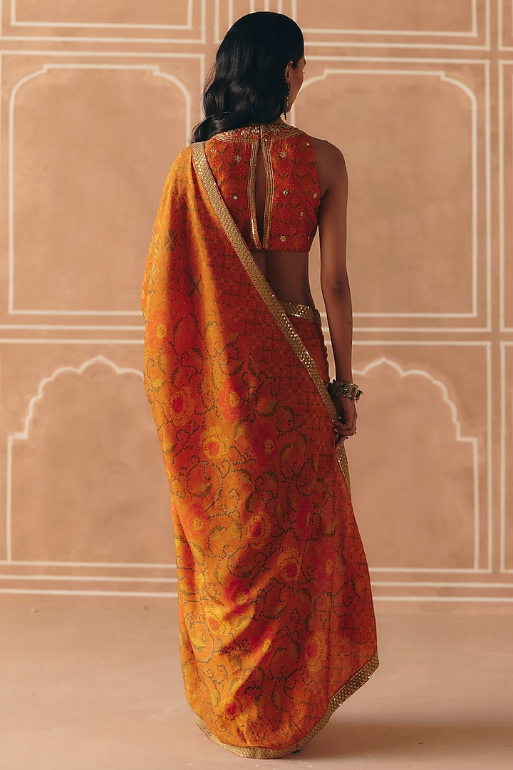 Burnt Orange Dupion Silk Printed Wedding Saree Set by Drishti & Zahabia at Pernia's Pop Up Shop
