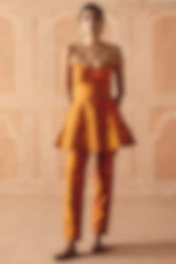 Burnt Orange Dupion Silk Printed Paneled Pant Set by Drishti & Zahabia at Pernia's Pop Up Shop