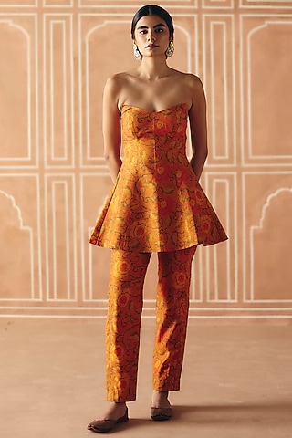 Burnt Orange Dupion Silk Printed Paneled Pant Set by Drishti & Zahabia