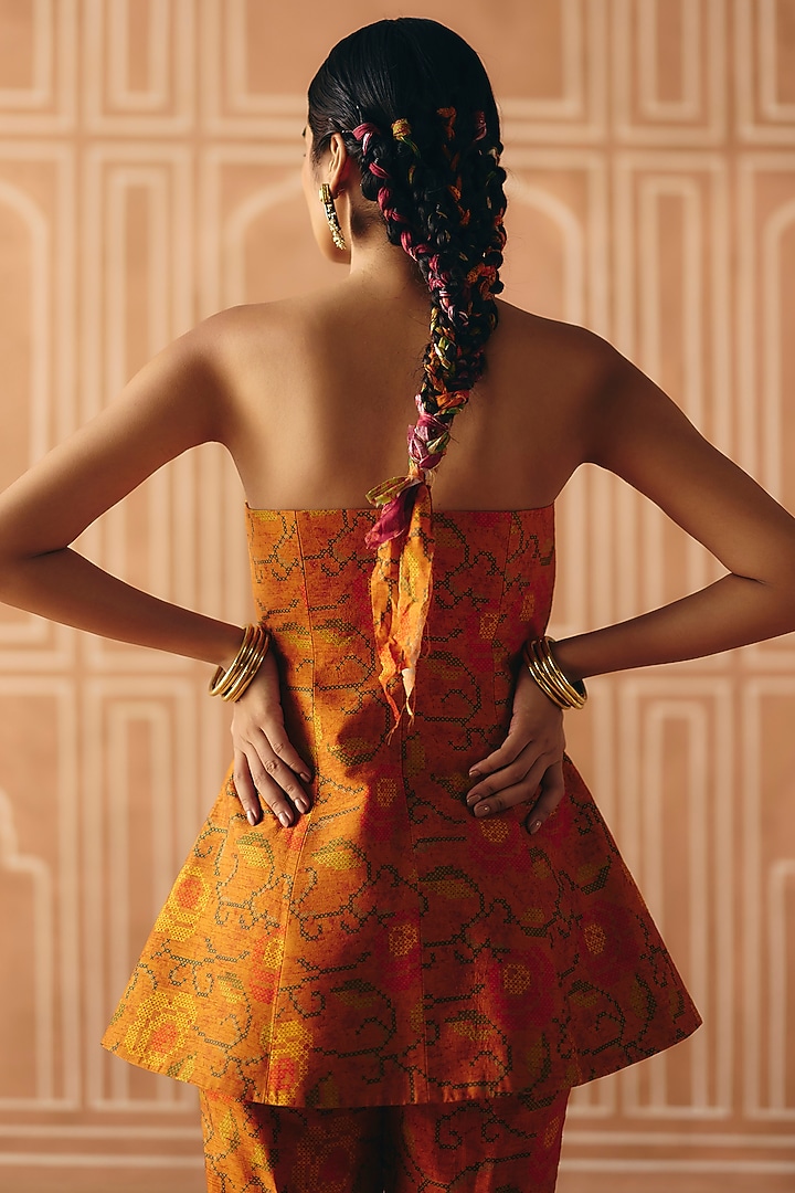 Burnt Orange Dupion Silk Printed Paneled Pant Set by Drishti & Zahabia at Pernia's Pop Up Shop