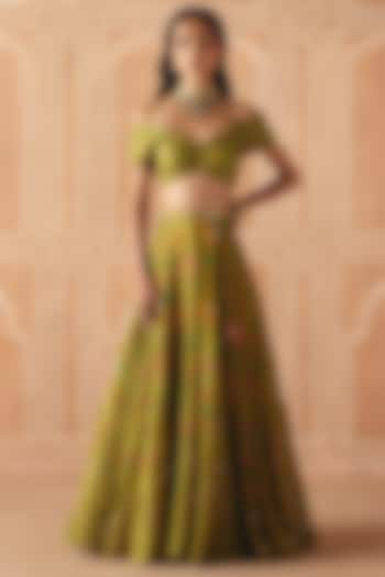 Parrot Green Dupion Silk Printed & Embroidered Wedding Lehenga Set by Drishti & Zahabia at Pernia's Pop Up Shop