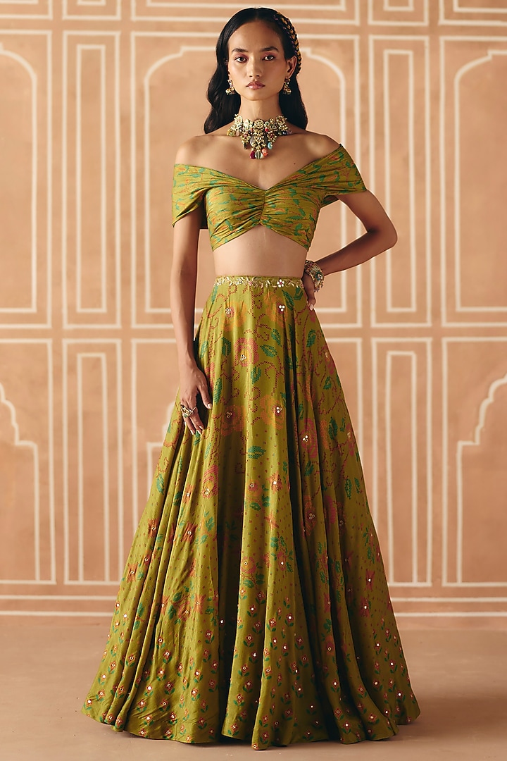 Parrot Green Dupion Silk Printed & Embroidered Wedding Lehenga Set by Drishti & Zahabia at Pernia's Pop Up Shop