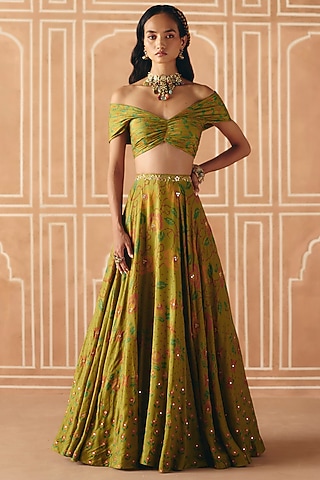 Parrot Green Dupion Silk Printed & Embroidered Lehenga Set by Drishti & Zahabia