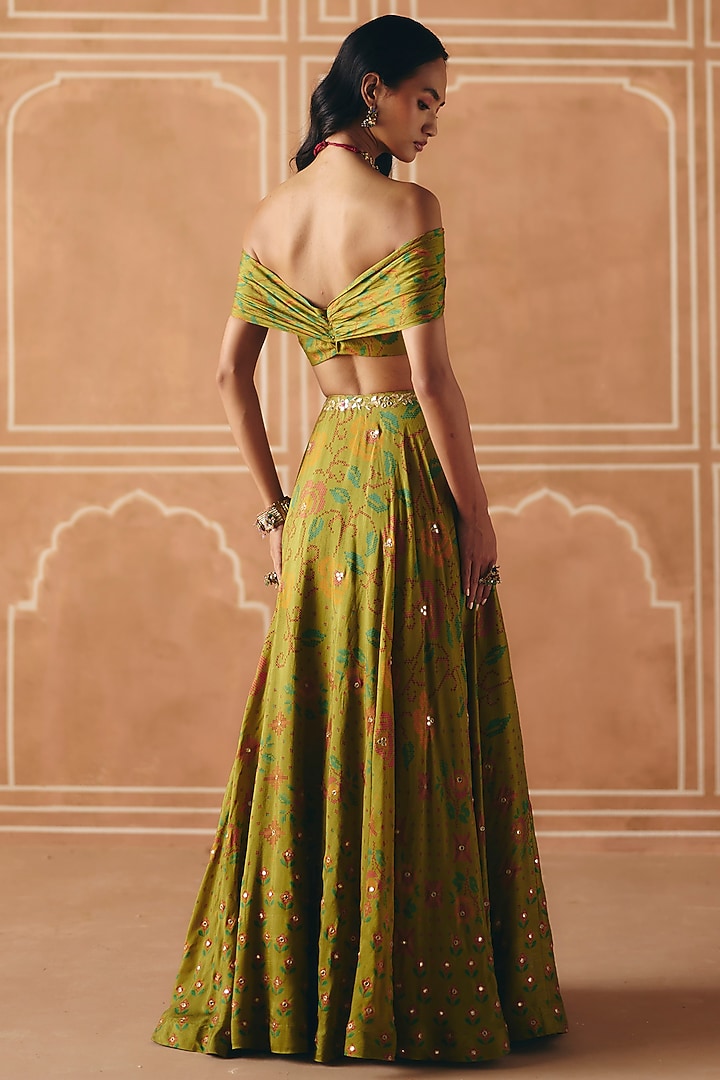 Parrot Green Dupion Silk Printed & Embroidered Wedding Lehenga Set by Drishti & Zahabia at Pernia's Pop Up Shop