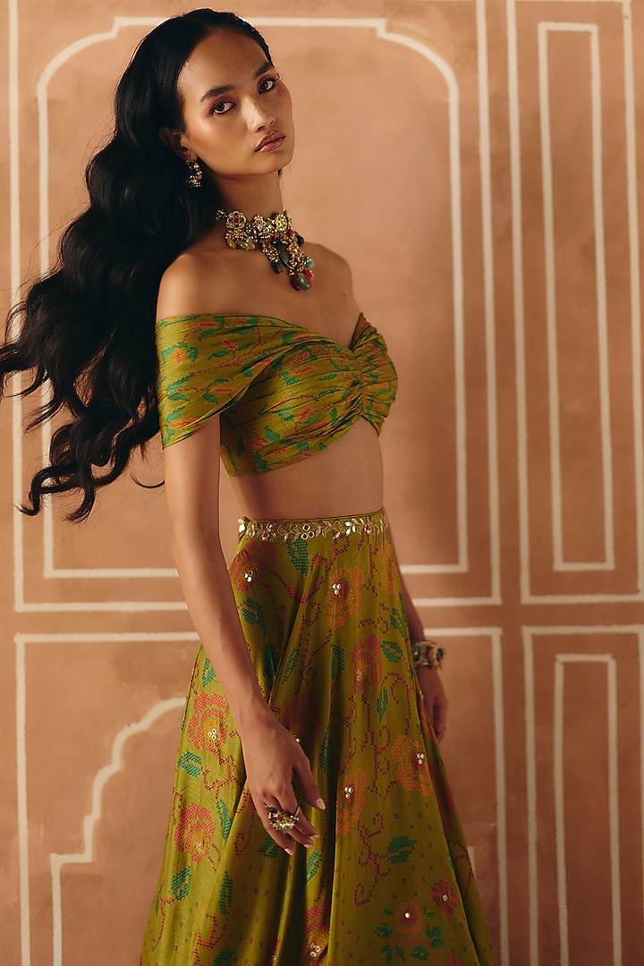 Parrot Green Dupion Silk Printed & Embroidered Wedding Lehenga Set by Drishti & Zahabia at Pernia's Pop Up Shop