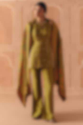 Parrot Green Dupion Silk Printed Bell-Bottom Pant Set by Drishti & Zahabia at Pernia's Pop Up Shop