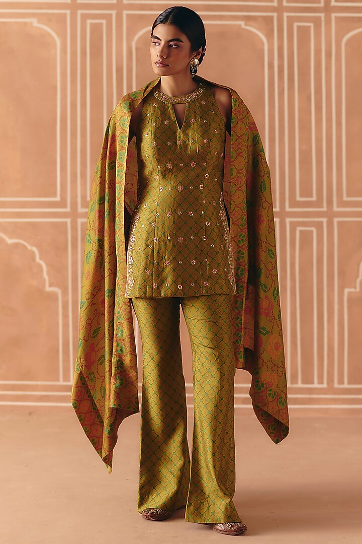 Parrot Green Dupion Silk Printed Bell-Bottom Pant Set by Drishti & Zahabia at Pernia's Pop Up Shop