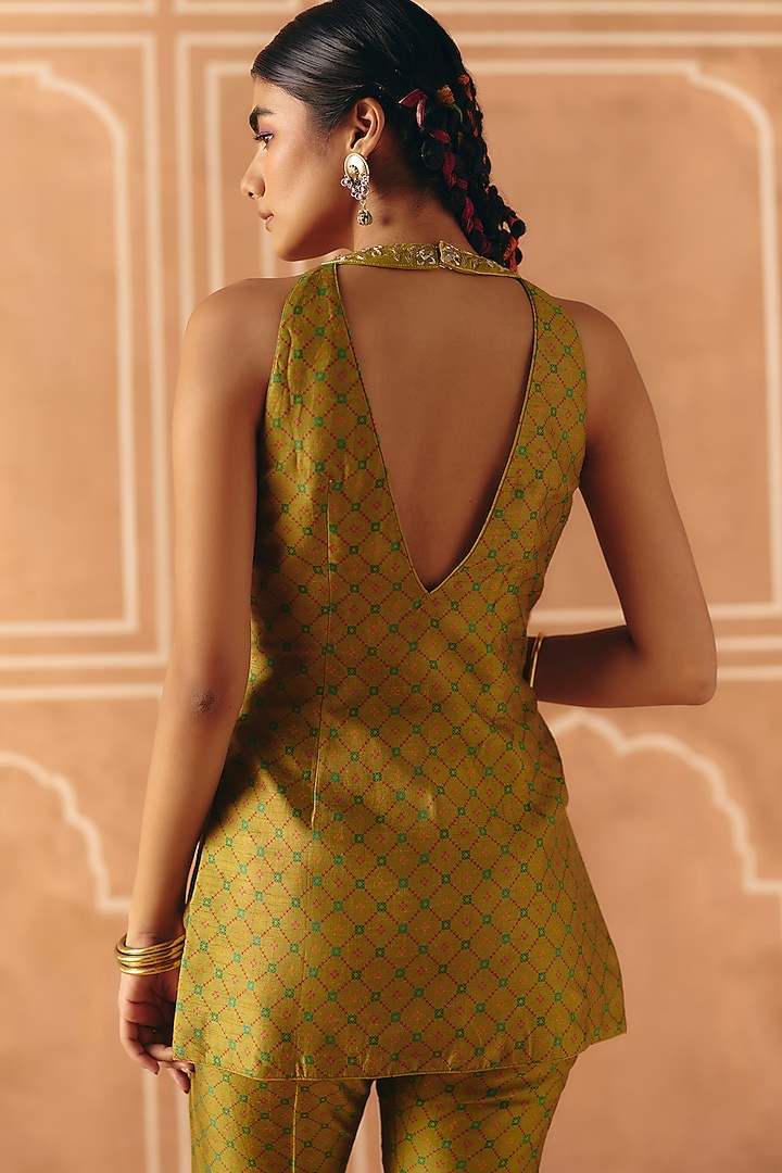 Parrot Green Dupion Silk Printed Bell-Bottom Pant Set by Drishti & Zahabia at Pernia's Pop Up Shop