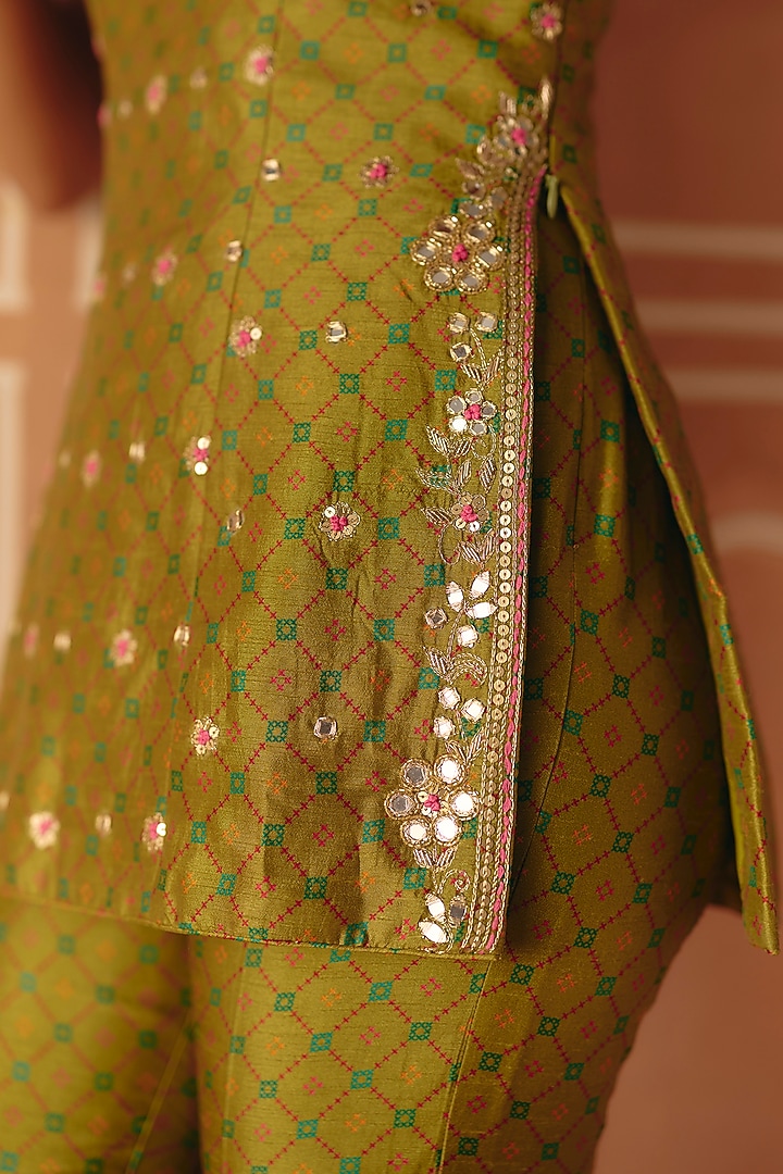 Parrot Green Dupion Silk Printed Bell-Bottom Pant Set by Drishti & Zahabia at Pernia's Pop Up Shop