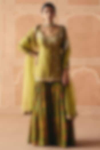 Parrot Green Dupion Silk Printed Wedding Sharara Set by Drishti & Zahabia at Pernia's Pop Up Shop