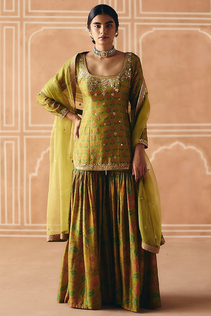 Parrot Green Dupion Silk Printed Wedding Sharara Set by Drishti & Zahabia at Pernia's Pop Up Shop