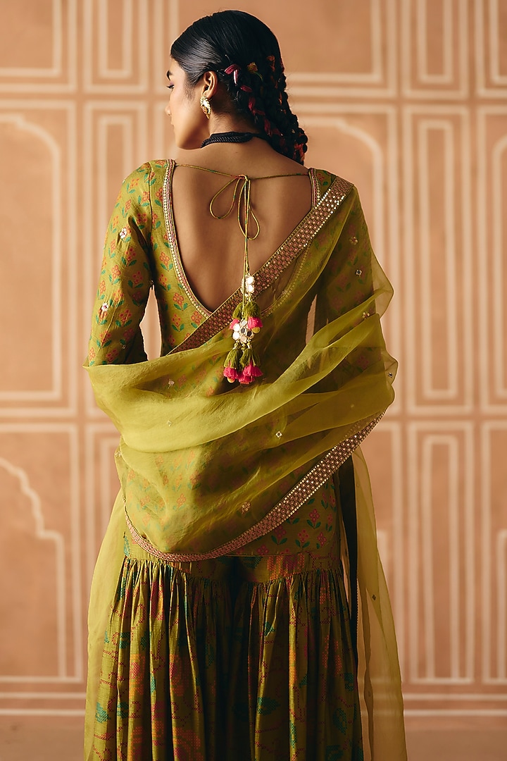 Parrot Green Dupion Silk Printed Wedding Sharara Set by Drishti & Zahabia at Pernia's Pop Up Shop