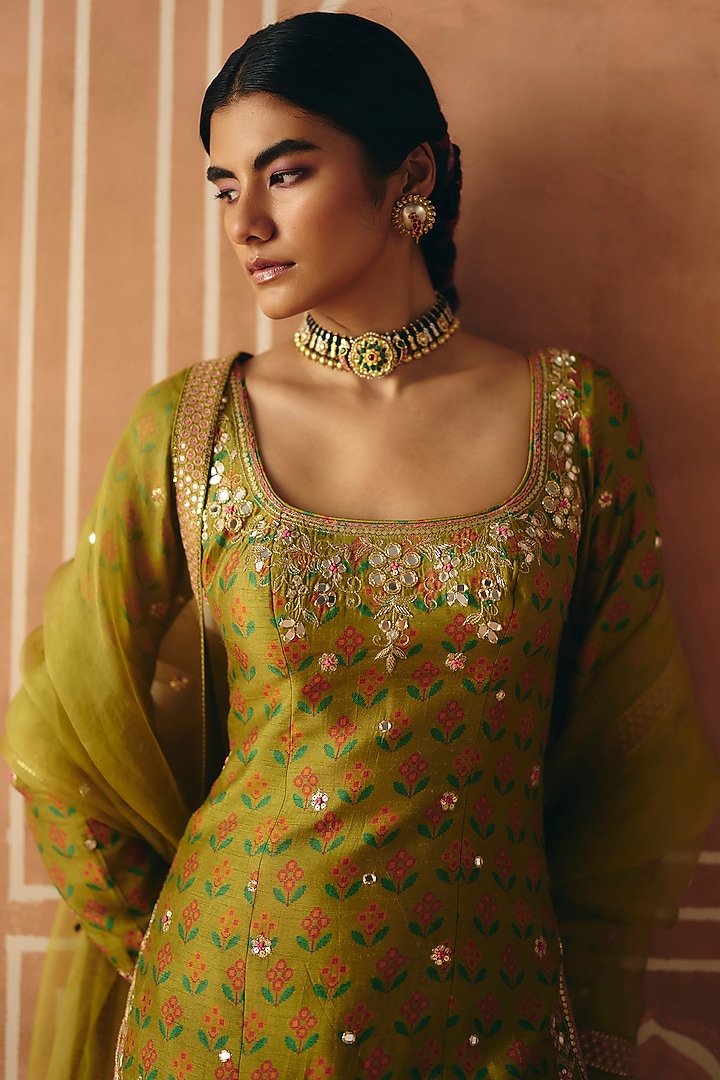 Parrot Green Dupion Silk Printed Wedding Sharara Set by Drishti & Zahabia at Pernia's Pop Up Shop