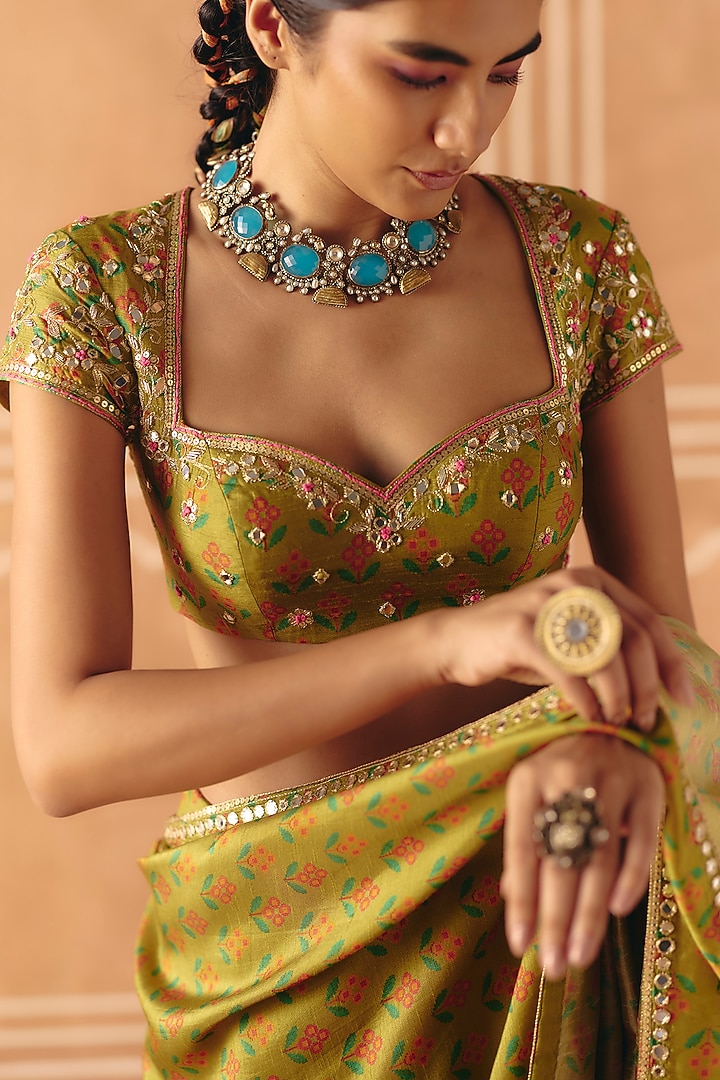 Parrot Green Dupion Silk Printed & Hand Embroidered Wedding Saree Set by Drishti & Zahabia at Pernia's Pop Up Shop