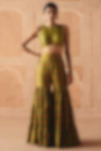 Parrot Green Dupion Silk Printed Party Wear Sharara Set by Drishti & Zahabia at Pernia's Pop Up Shop