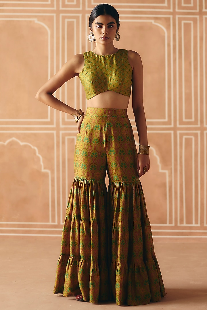 Parrot Green Dupion Silk Printed Party Wear Sharara Set by Drishti & Zahabia at Pernia's Pop Up Shop