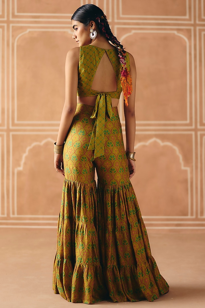 Parrot Green Dupion Silk Printed Party Wear Sharara Set by Drishti & Zahabia at Pernia's Pop Up Shop