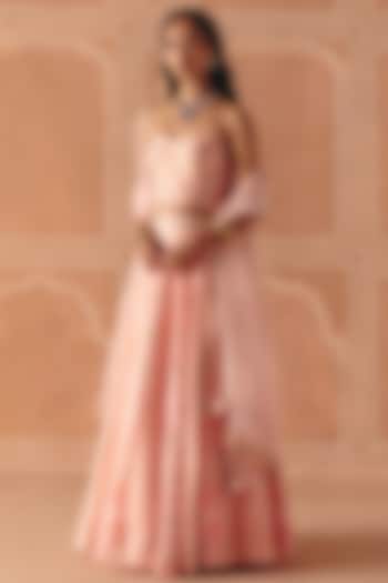 Blush Pink Dupion Silk Printed Wedding Lehenga Set by Drishti & Zahabia at Pernia's Pop Up Shop
