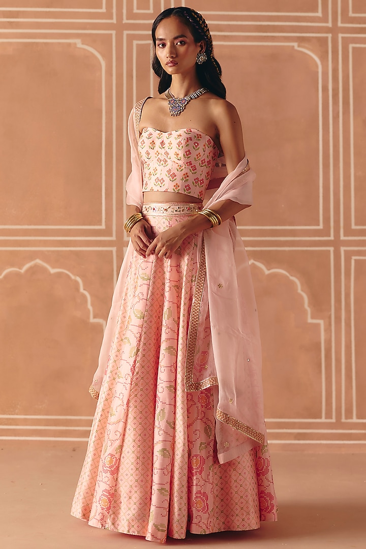 Blush Pink Dupion Silk Printed Wedding Lehenga Set by Drishti & Zahabia at Pernia's Pop Up Shop