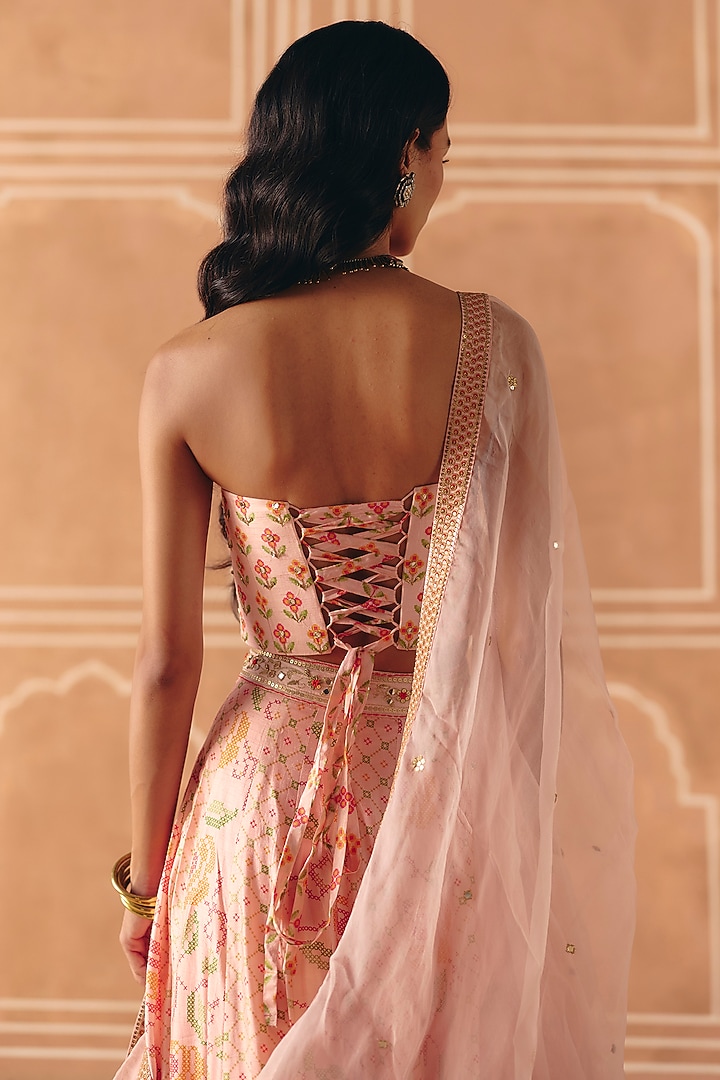 Blush Pink Dupion Silk Printed Wedding Lehenga Set by Drishti & Zahabia at Pernia's Pop Up Shop
