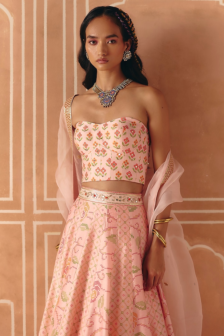 Blush Pink Dupion Silk Printed Wedding Lehenga Set by Drishti & Zahabia at Pernia's Pop Up Shop