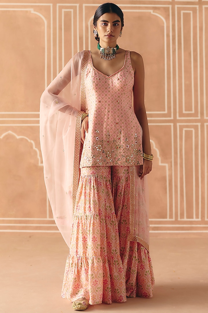Blush Pink Dupion Silk Printed Wedding Sharara Set by Drishti & Zahabia at Pernia's Pop Up Shop