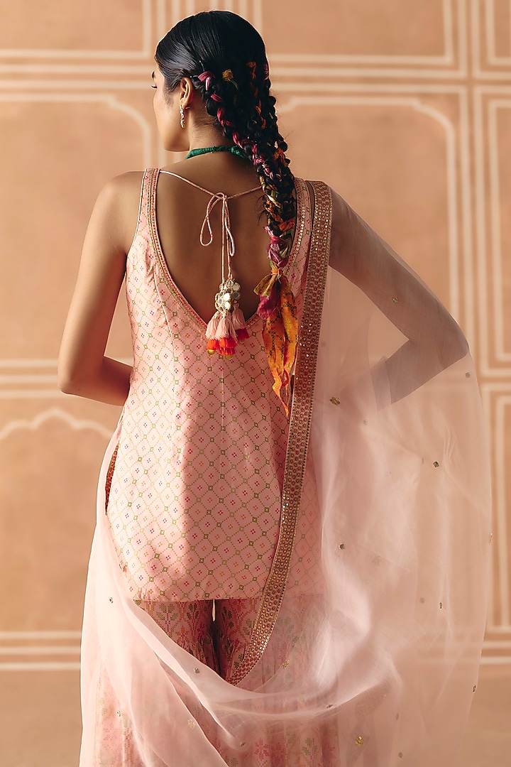 Blush Pink Dupion Silk Printed Wedding Sharara Set by Drishti & Zahabia at Pernia's Pop Up Shop