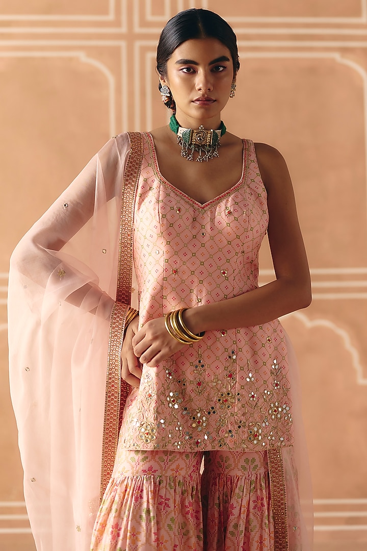 Blush Pink Dupion Silk Printed Wedding Sharara Set by Drishti & Zahabia at Pernia's Pop Up Shop