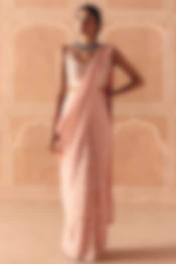 Blush Pink Dupion Silk Printed Pre-Draped Party Wear Saree Set by Drishti & Zahabia at Pernia's Pop Up Shop