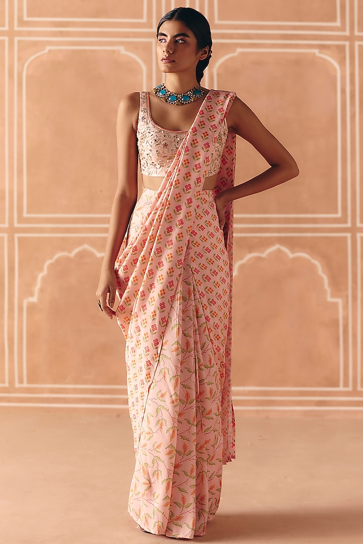 Blush Pink Dupion Silk Printed Pre-Draped Party Wear Saree Set by Drishti & Zahabia at Pernia's Pop Up Shop