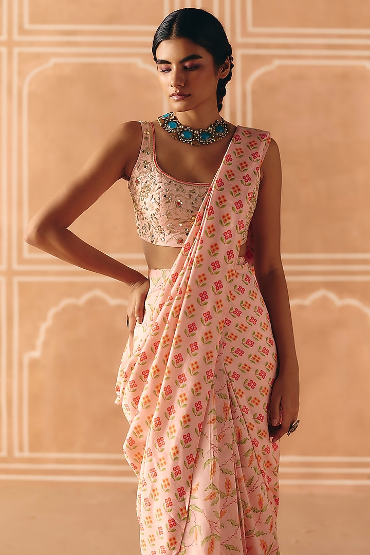 Blush Pink Dupion Silk Printed Pre-Draped Party Wear Saree Set by Drishti & Zahabia at Pernia's Pop Up Shop