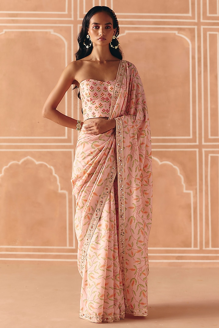 Blush Pink Dupion Silk Printed & Embroidered Wedding Saree Set by Drishti & Zahabia at Pernia's Pop Up Shop