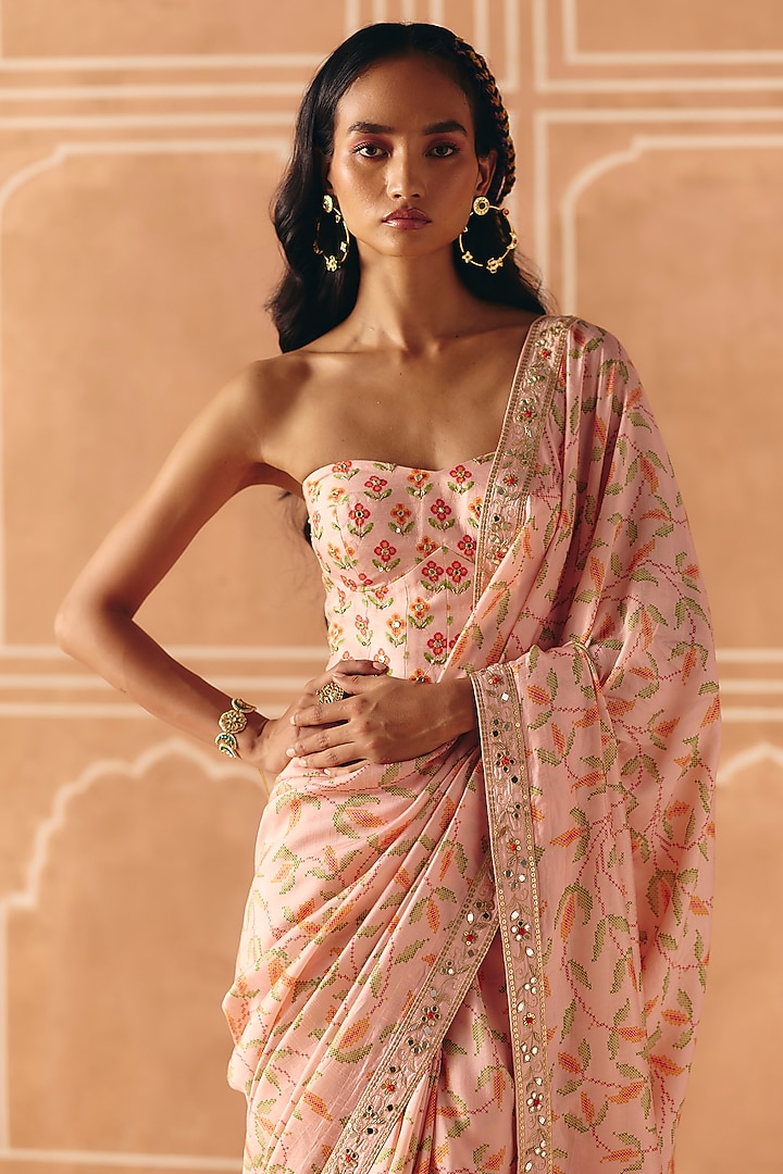 Blush Pink Dupion Silk Printed & Embroidered Wedding Saree Set by Drishti & Zahabia at Pernia's Pop Up Shop