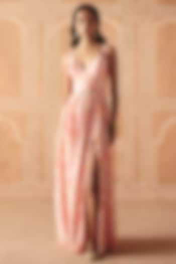 Blush Pink Dupion Silk Printed Gathered Maxi Vacation Dress by Drishti & Zahabia at Pernia's Pop Up Shop