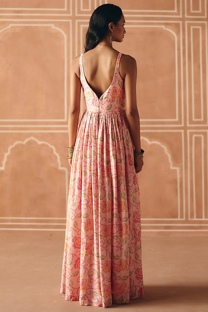 Blush Pink Dupion Silk Printed Gathered Maxi Vacation Dress by Drishti & Zahabia at Pernia's Pop Up Shop