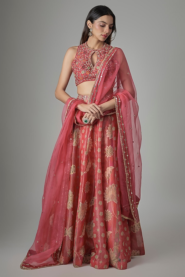 Pink Tissue Phulkari Digital Printed Wedding Lehenga Set by Drishti & Zahabia at Pernia's Pop Up Shop