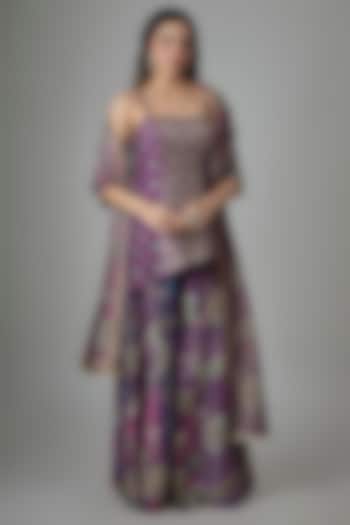 Purple Dupion Silk Phulkari Printed & Hand Embroidered Tunic Set by Drishti & Zahabia at Pernia's Pop Up Shop