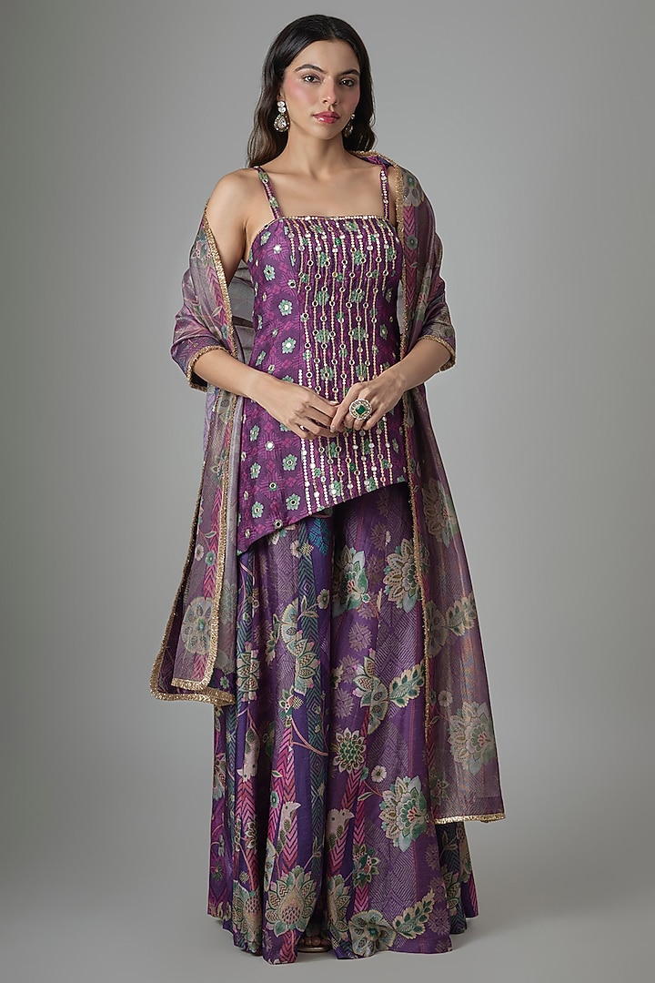 Purple Dupion Silk Phulkari Printed & Hand Embroidered Tunic Set by Drishti & Zahabia at Pernia's Pop Up Shop