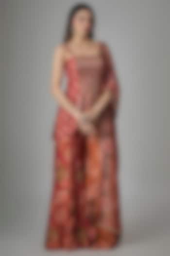 Rust Dupion Silk Phulkari Printed & Hand Embroidered Tunic Set by Drishti & Zahabia at Pernia's Pop Up Shop