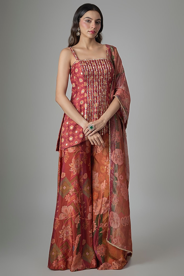 Rust Dupion Silk Phulkari Printed & Hand Embroidered Tunic Set by Drishti & Zahabia at Pernia's Pop Up Shop