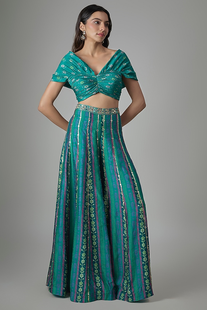 Blue Dupion Silk Phulkari Printed & Hand Embroidered Pant Set by Drishti & Zahabia at Pernia's Pop Up Shop