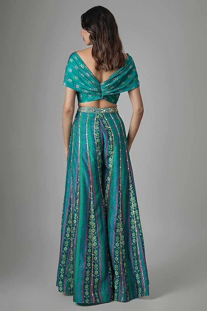 Blue Dupion Silk Phulkari Printed & Hand Embroidered Pant Set by Drishti & Zahabia at Pernia's Pop Up Shop