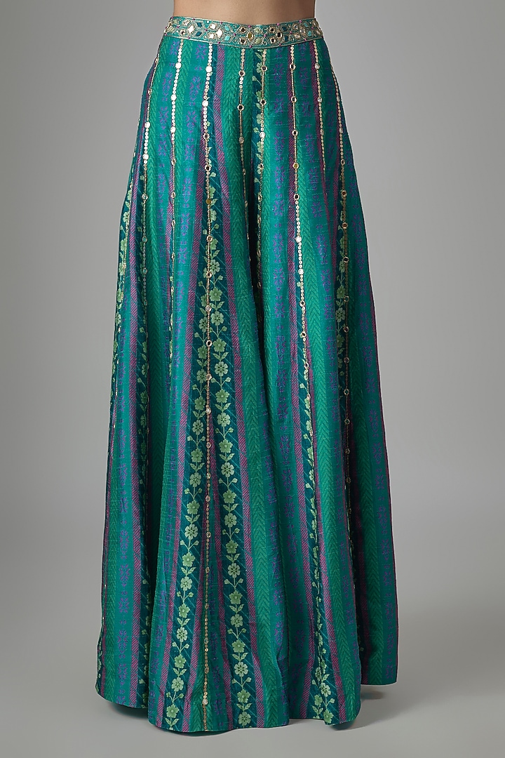 Blue Dupion Silk Phulkari Printed & Hand Embroidered Pant Set by Drishti & Zahabia at Pernia's Pop Up Shop
