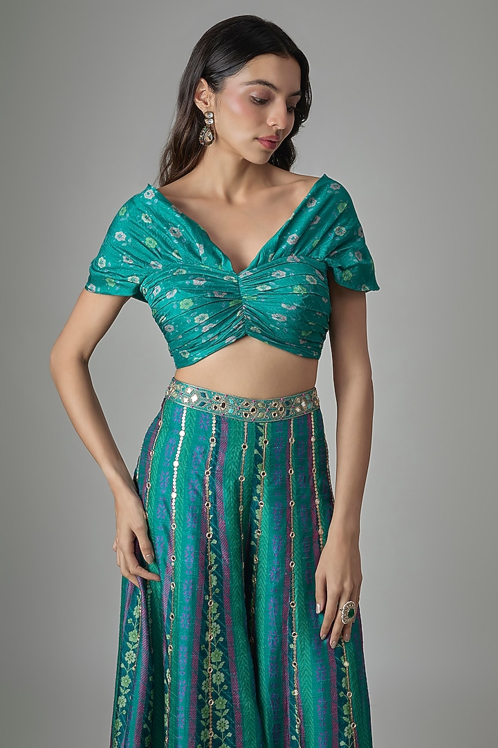 Blue Dupion Silk Phulkari Printed & Hand Embroidered Pant Set by Drishti & Zahabia at Pernia's Pop Up Shop