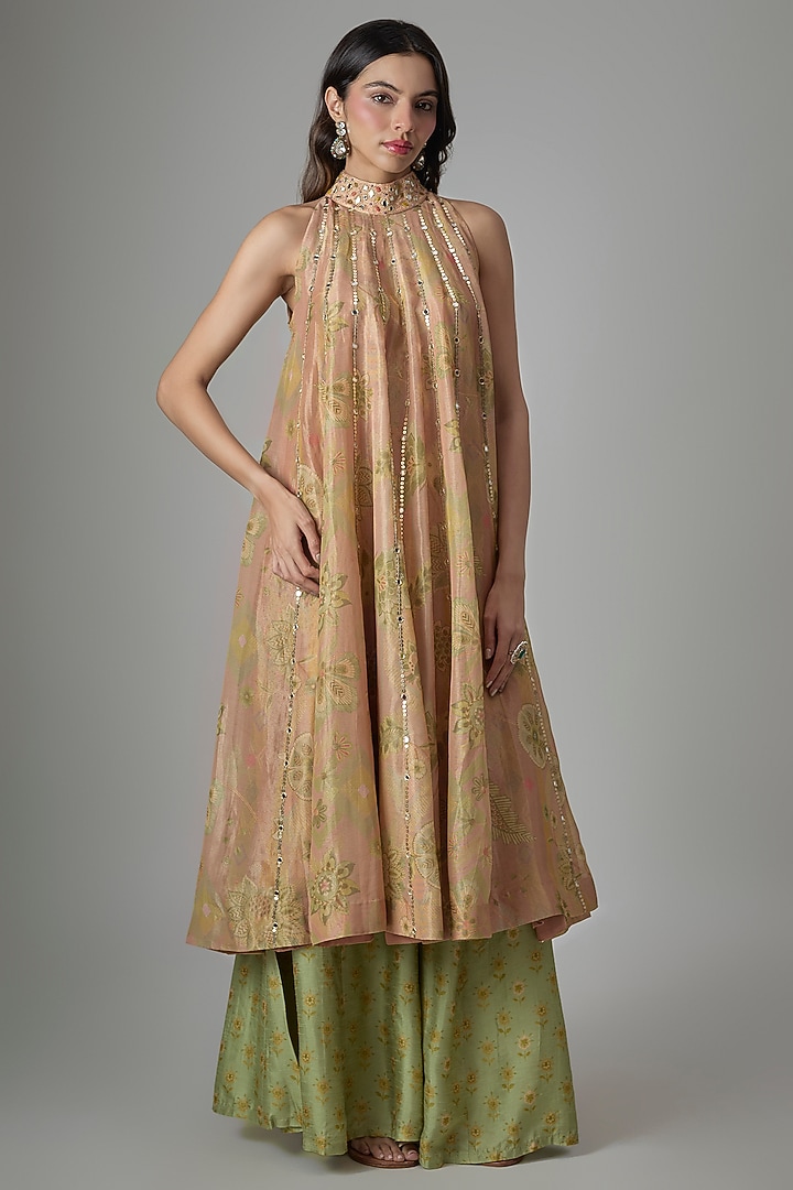 Beige Tissue Dupion Silk Phulkari Printed & Hand Embroidered Tunic Set by Drishti & Zahabia at Pernia's Pop Up Shop