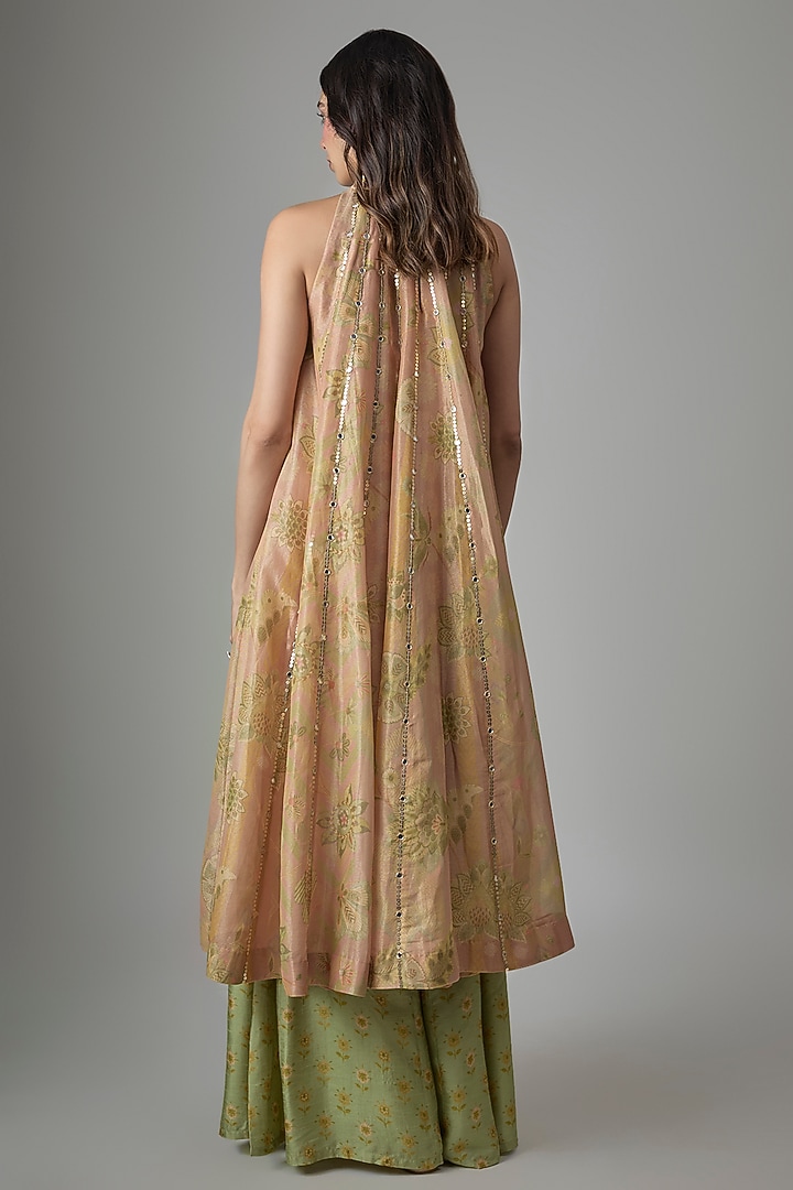 Beige Tissue Dupion Silk Phulkari Printed & Hand Embroidered Tunic Set by Drishti & Zahabia at Pernia's Pop Up Shop