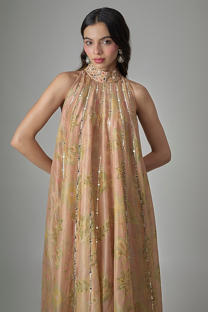 Beige Tissue Dupion Silk Phulkari Printed & Hand Embroidered Tunic Set by Drishti & Zahabia at Pernia's Pop Up Shop